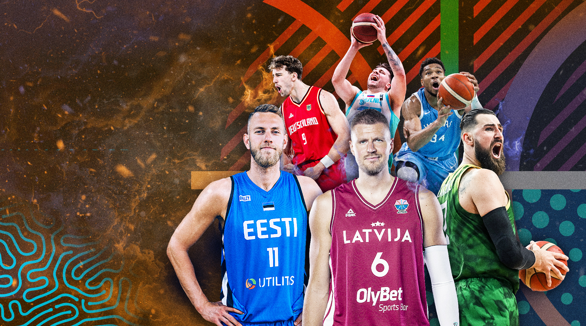 Basketbola spēlētāji ir attēloti plakātā, valkājot zilus un sarkanus krekliņus