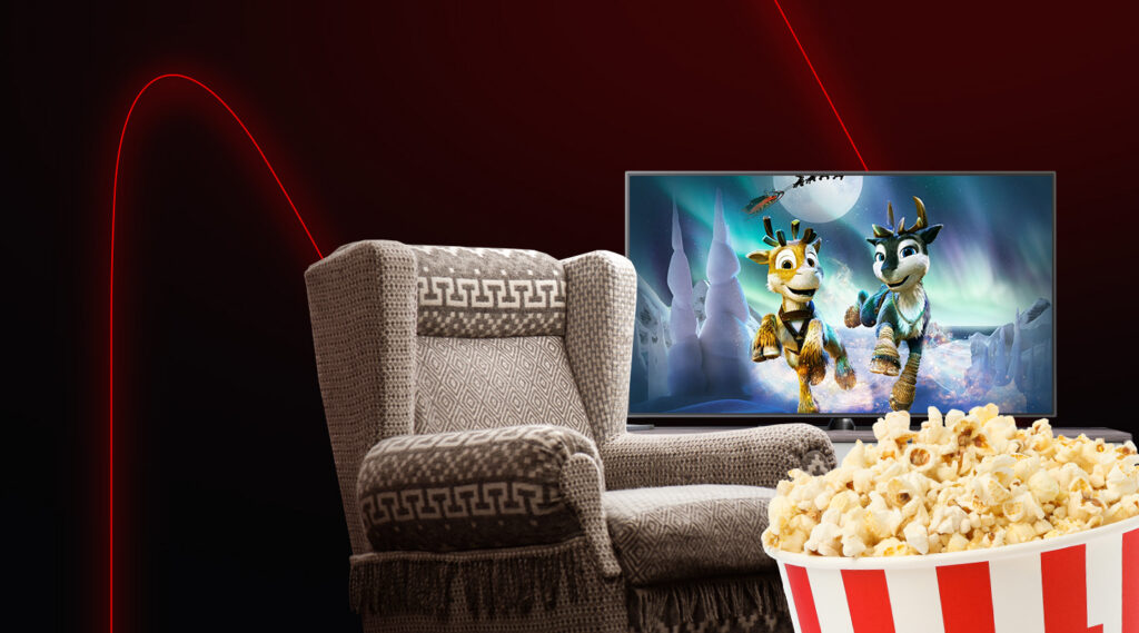 a chair popcorn and tv screen shown