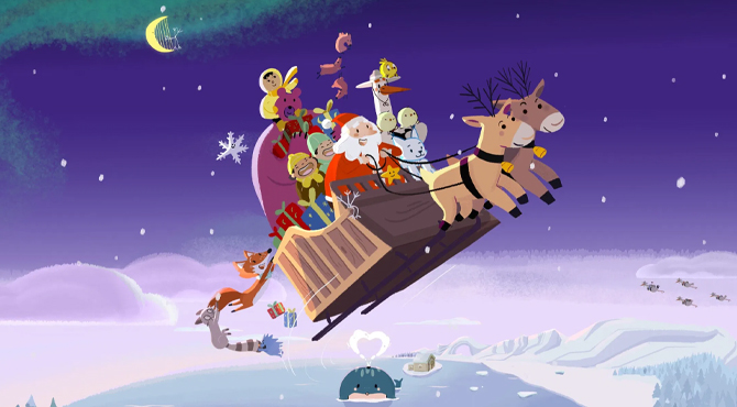 Ziemassvētku vecītis ar dzīvniekiem debesīs