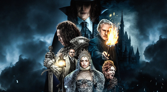 tumšā karaliene un citi cilvēki uz biedējoša fona