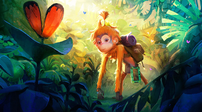 pērtiķis krāsainajā mežā