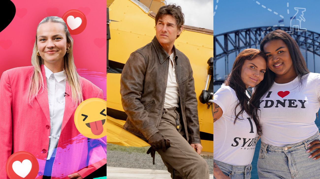 kreisajā pusē ir sieviete aiz rozā fona, pa vidu sēž aktieris, bet labajā pusē aiz viņām ir divas sievietes, debesis