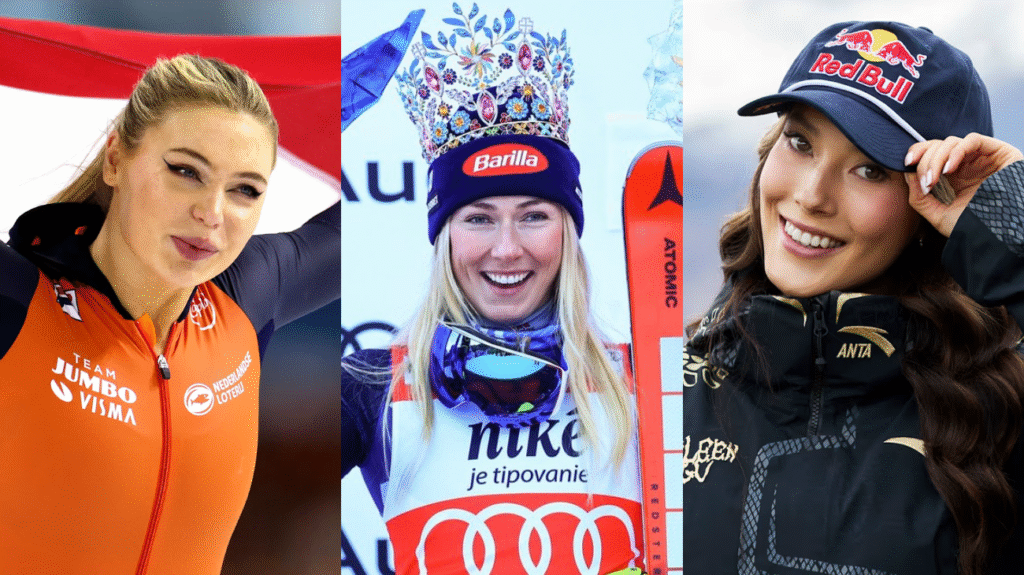 trīs paneļu kolāža ar ziemas sportistiem