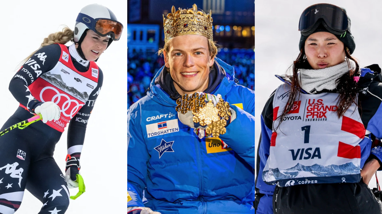 Kolāža ar trim ziemas sporta sportistiem sacensību/svinību brīžos