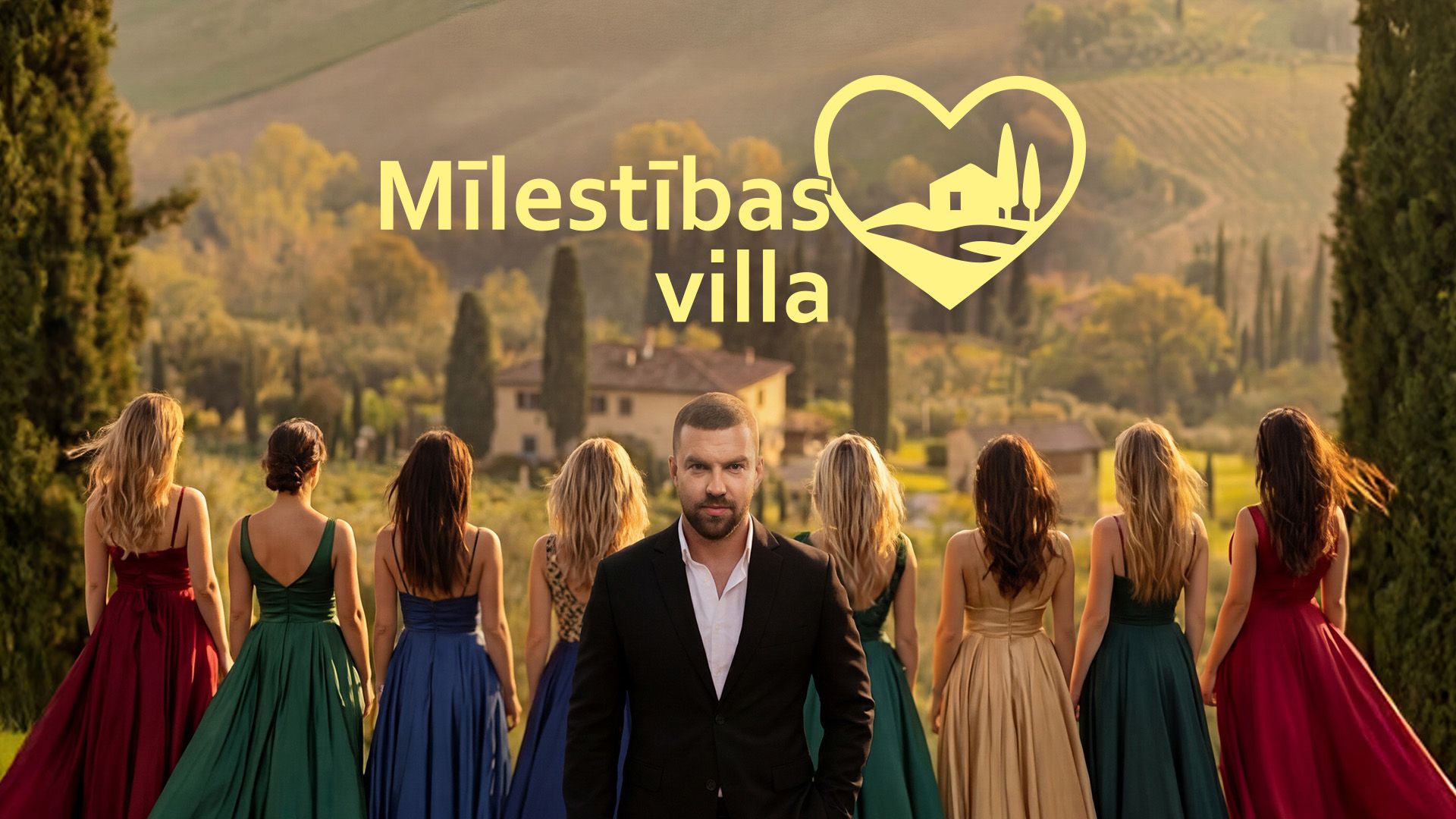 vīrietis skatās uz priekšu, un aiz viņa sievietes kleitās